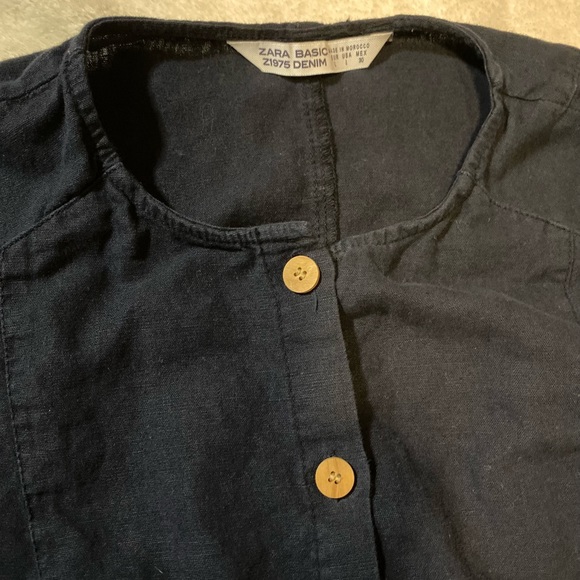 Zara Denim Black Linen Blend Button Front Midi Dress Large Self Tie - Picture 2 of 2